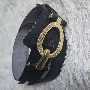 Roberto Mantellassi Elegant Black and Gold, Wide Italian Leather Belt, Medium